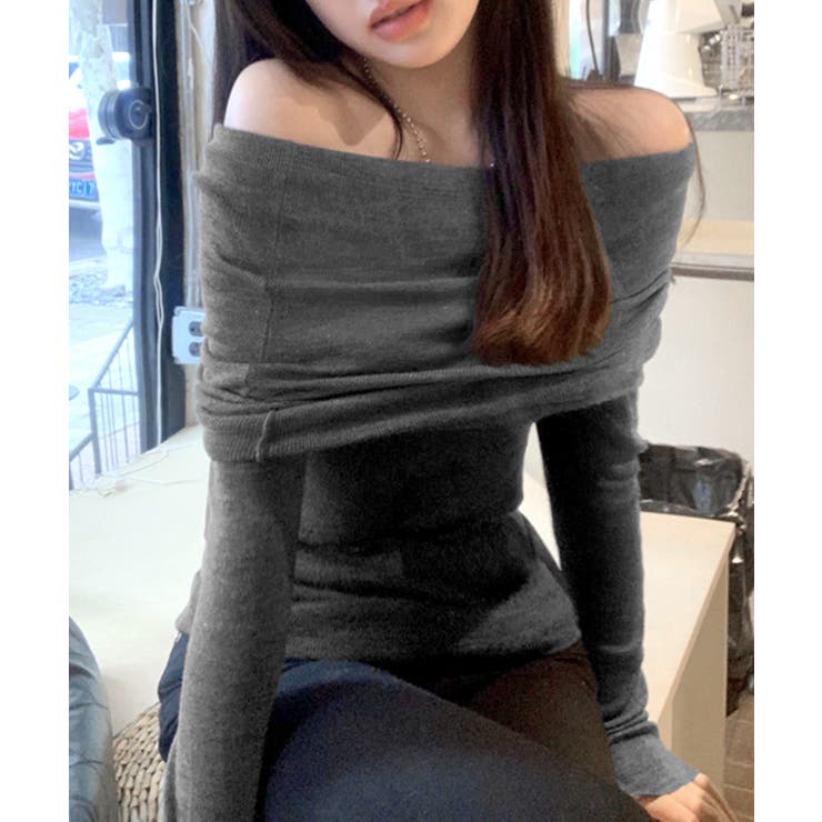 チャコールグレー | オフショルニット オフショルダー Tシャツ | Riff