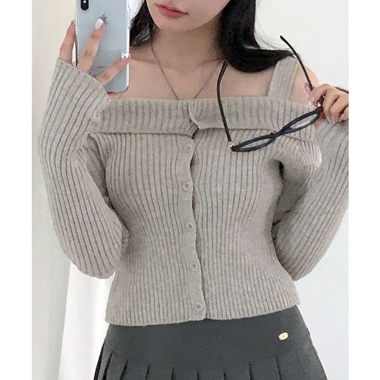 グレー | オフショル前ボタンニット オフショルダー 指穴開きニット | Riff