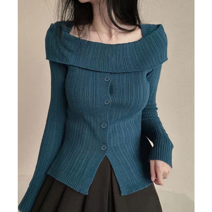 ダークブルー | オフショルリブニット 前ボタン オフショルダー | Riff
