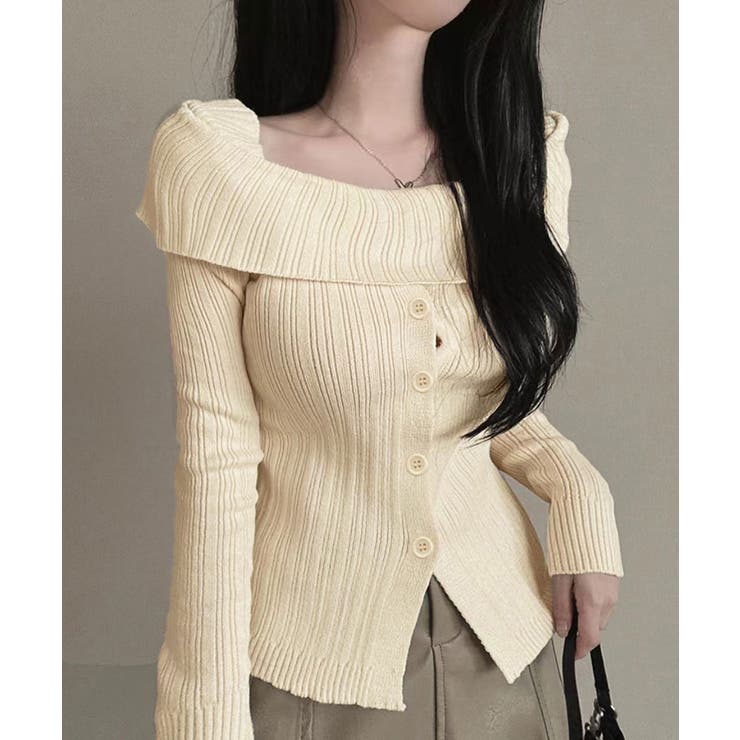 ライトベージュ | オフショルリブニット 前ボタン オフショルダー | Riff