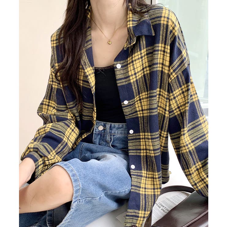 イエロー×ネイビー | チェックシャツ 羽織り ゆるシャツ | Riff