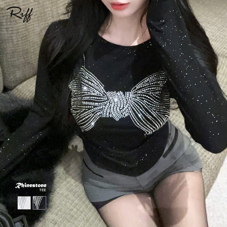 ラインストーンリボントップス ロンT Tシャツ | Riff | 詳細画像1 