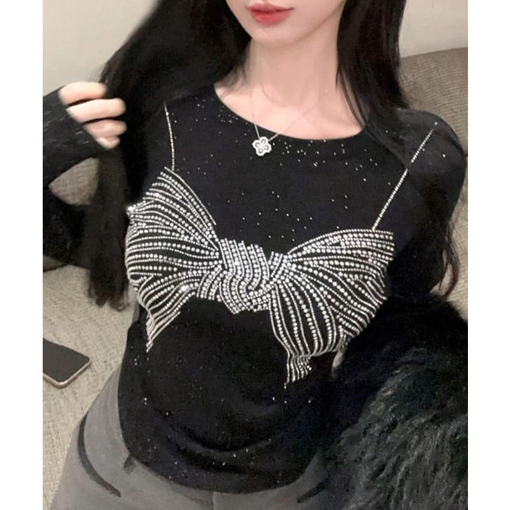 ラインストーンリボントップス ロンT Tシャツ | Riff | 詳細画像14 
