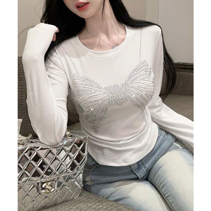 ラインストーンリボントップス ロンT Tシャツ | Riff | 詳細画像2 