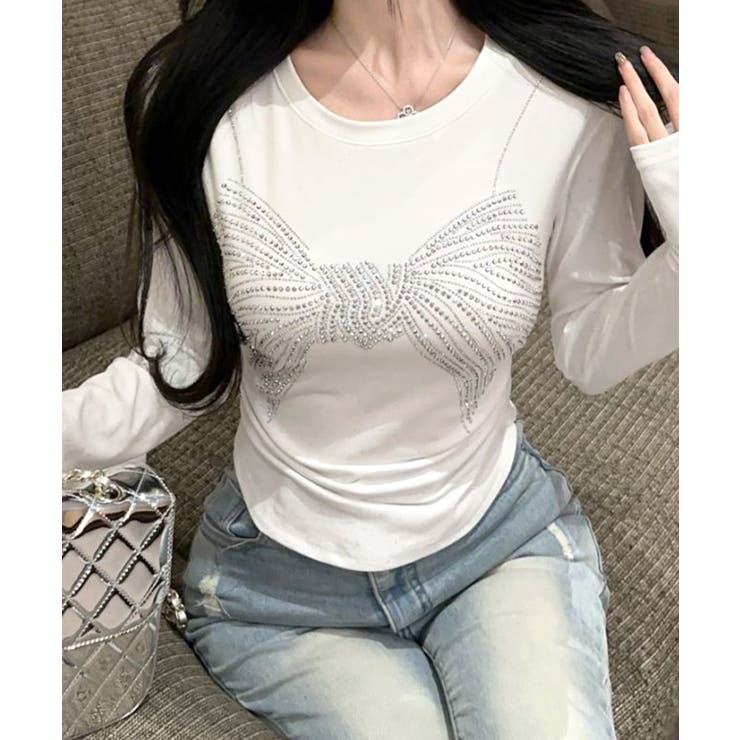 ラインストーンリボントップス ロンT Tシャツ | Riff | 詳細画像3 