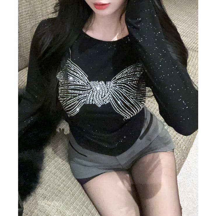 ブラック | ラインストーンリボントップス ロンT Tシャツ | Riff