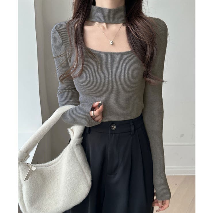 グレー | ハイネックデコルテ開きリブニット リブ編み セーター | Riff