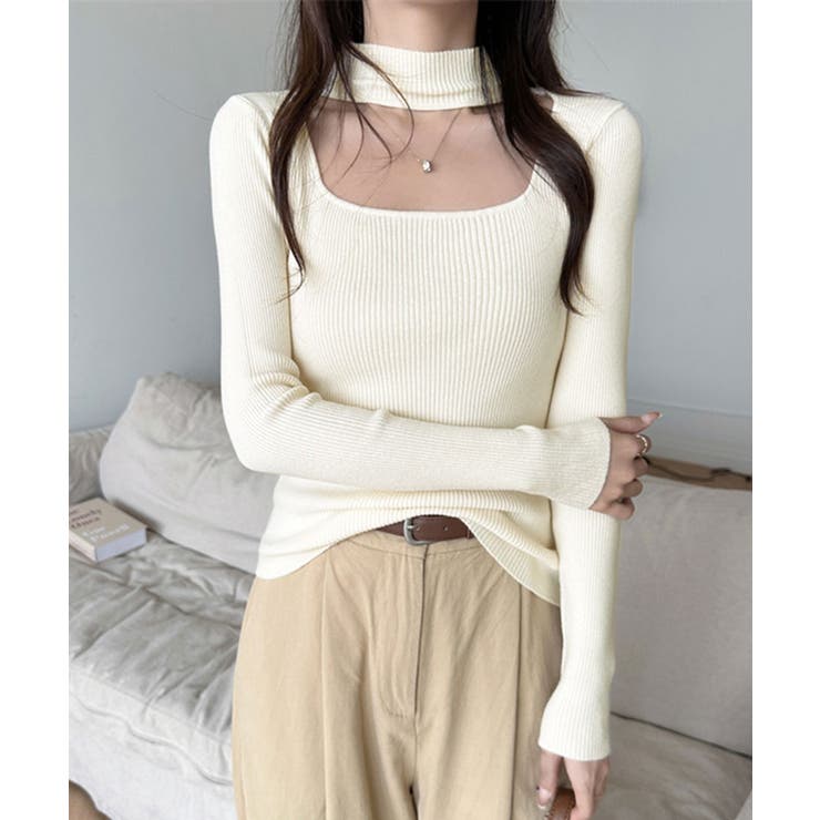 アイボリー | ハイネックデコルテ開きリブニット リブ編み セーター | Riff