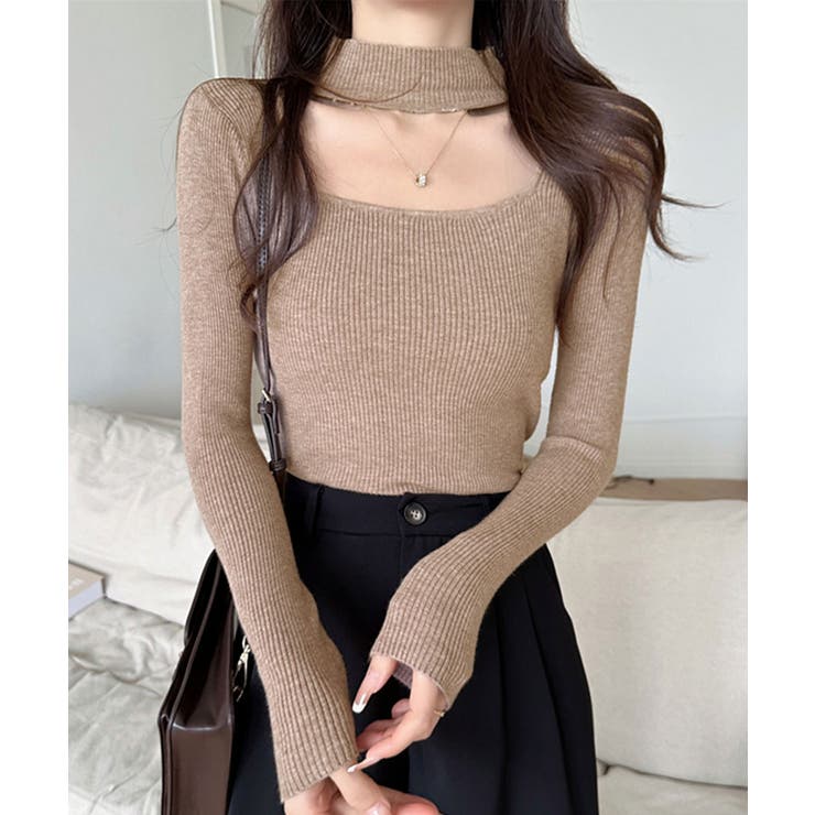 モカ | ハイネックデコルテ開きリブニット リブ編み セーター | Riff