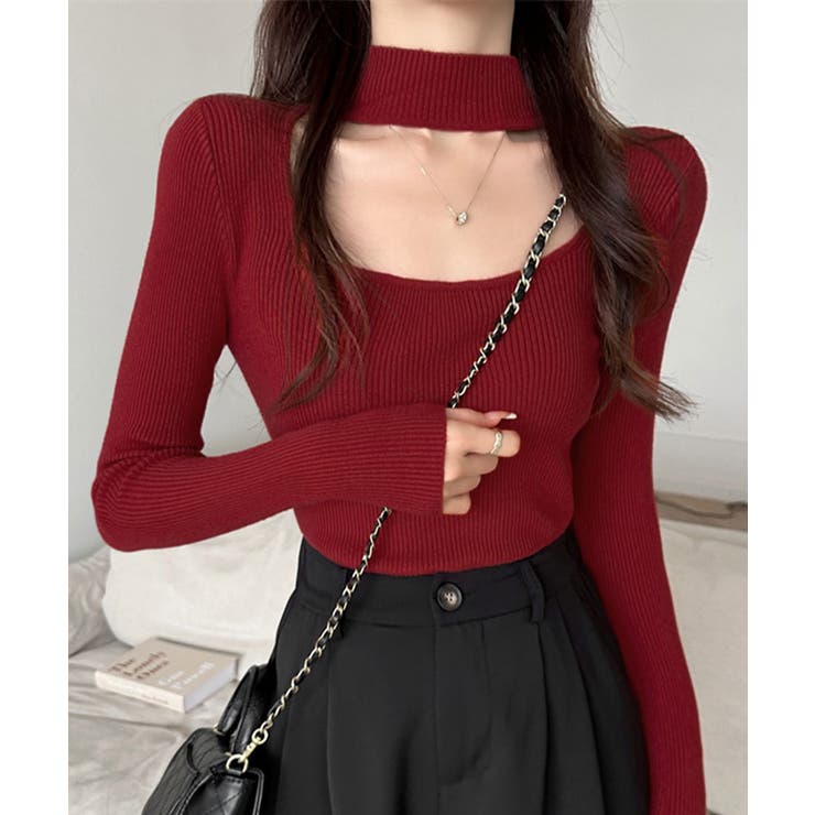 レッド | ハイネックデコルテ開きリブニット リブ編み セーター | Riff