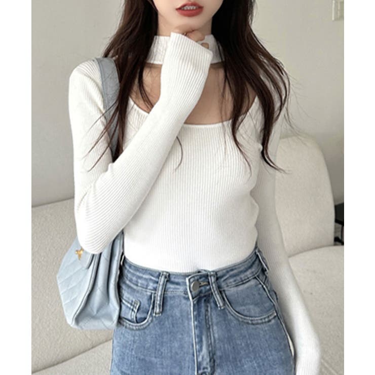 ホワイト | ハイネックデコルテ開きリブニット リブ編み セーター | Riff