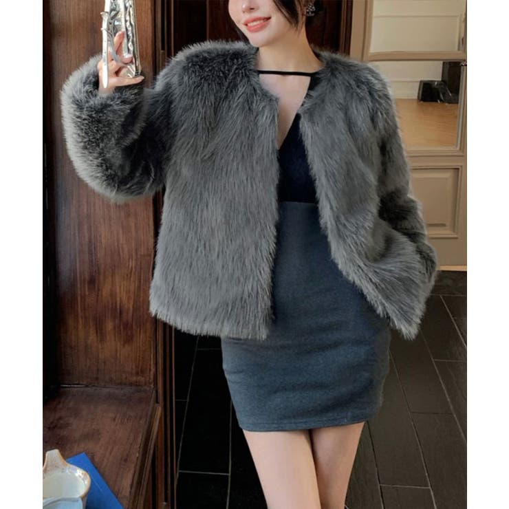 チャコールグレー | ファーショートコート フェイクファー もこもこ | Riff