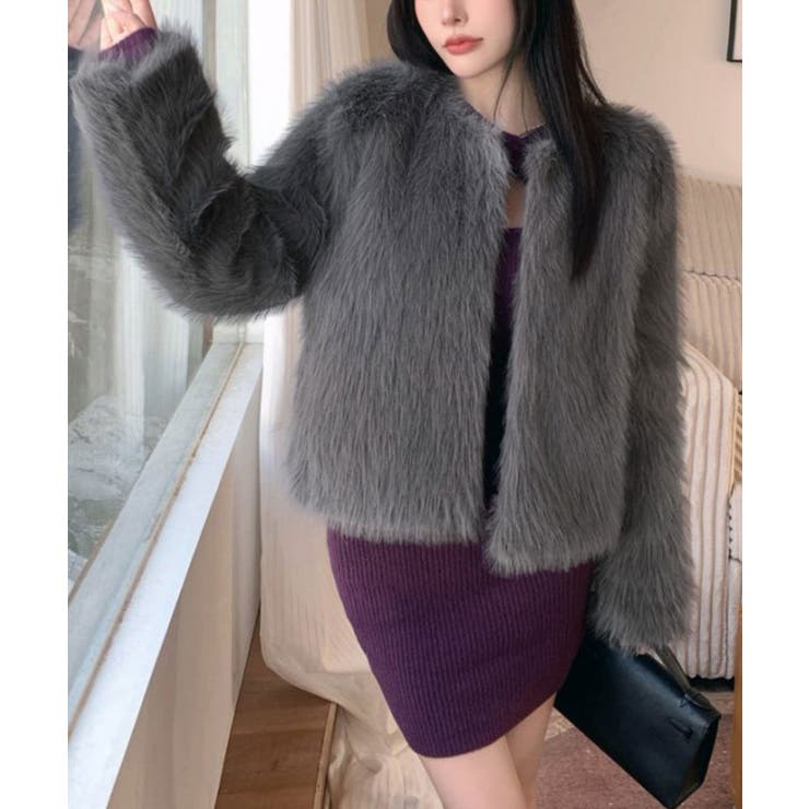 グレー | ファーショートコート フェイクファー もこもこ | Riff