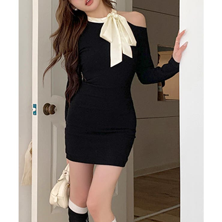 ワンショルリボンミニニットワンピース 配色リボン リブニット | Riff | 詳細画像10