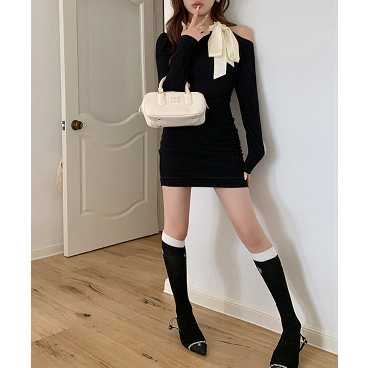 ワンショルリボンミニニットワンピース 配色リボン リブニット | Riff | 詳細画像11