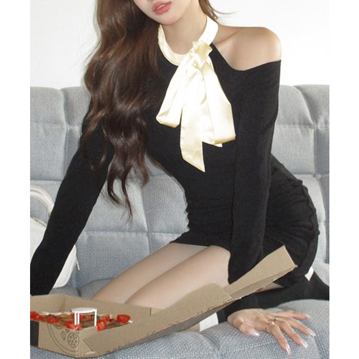 ワンショルリボンミニニットワンピース 配色リボン リブニット | Riff | 詳細画像16