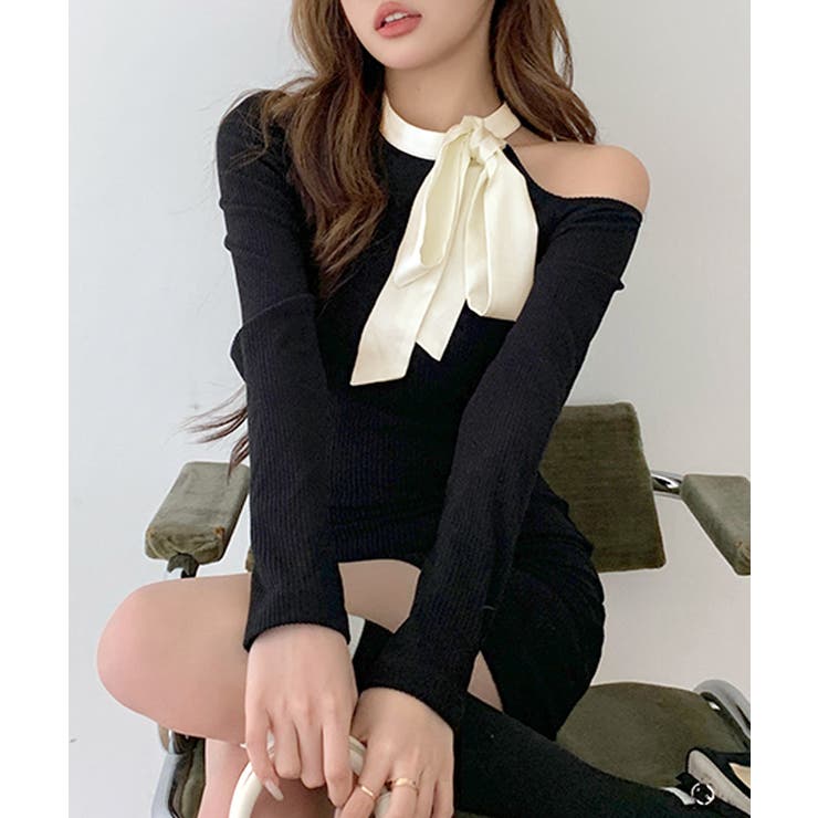 ワンショルリボンミニニットワンピース 配色リボン リブニット | Riff | 詳細画像4