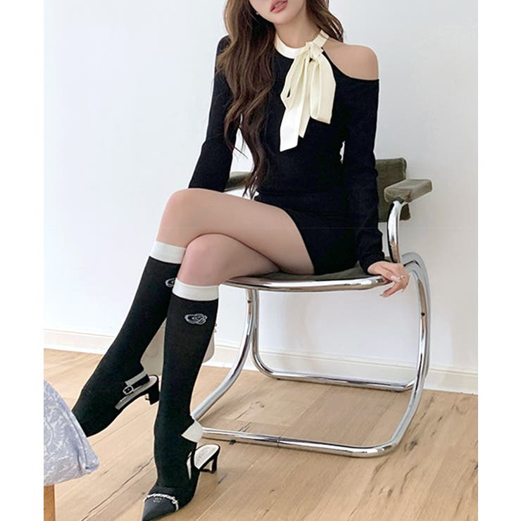 ワンショルリボンミニニットワンピース 配色リボン リブニット | Riff | 詳細画像6