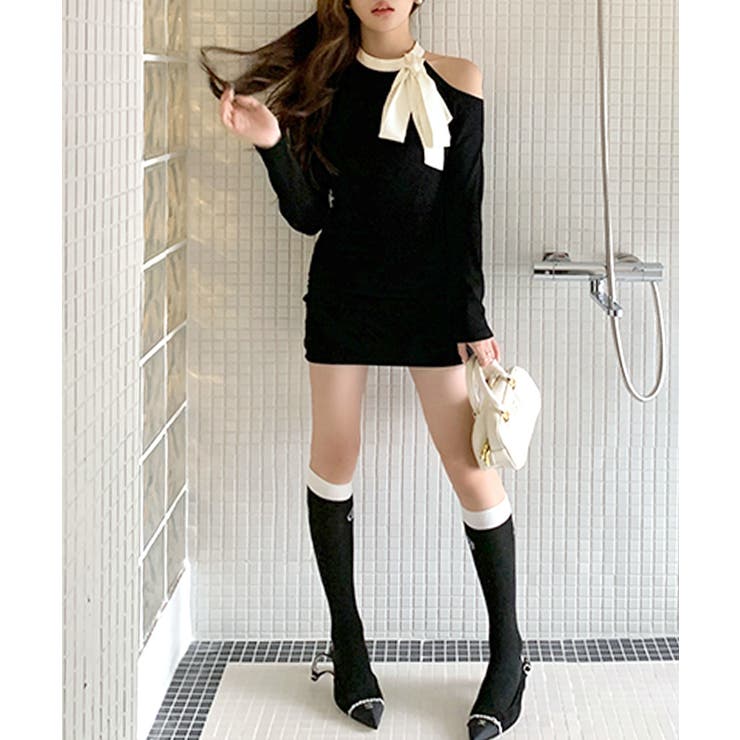 ワンショルリボンミニニットワンピース 配色リボン リブニット | Riff | 詳細画像8