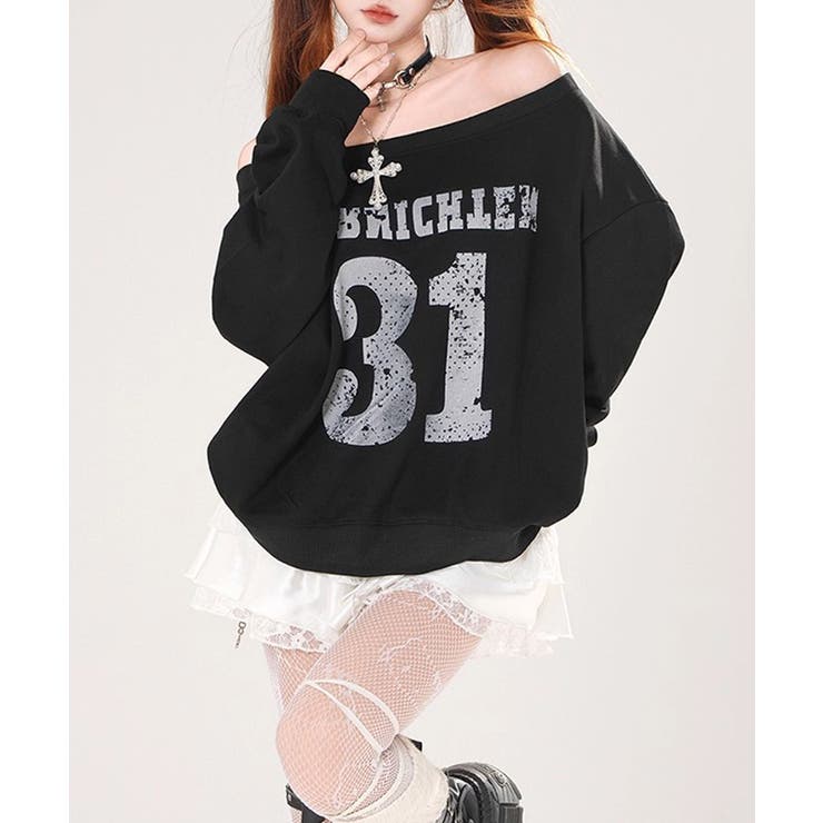 ナンバーロゴプリントオフショルスウェット ワンショル トレーナー | Riff | 詳細画像6 