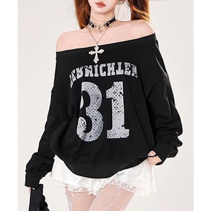 ナンバーロゴプリントオフショルスウェット ワンショル トレーナー | Riff | 詳細画像7 