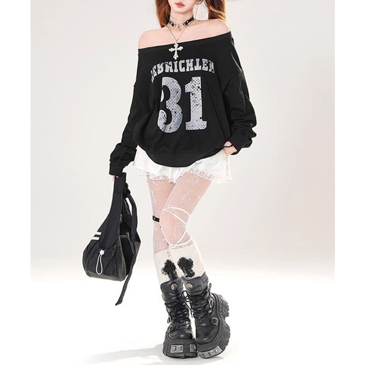 ナンバーロゴプリントオフショルスウェット ワンショル トレーナー | Riff | 詳細画像9 