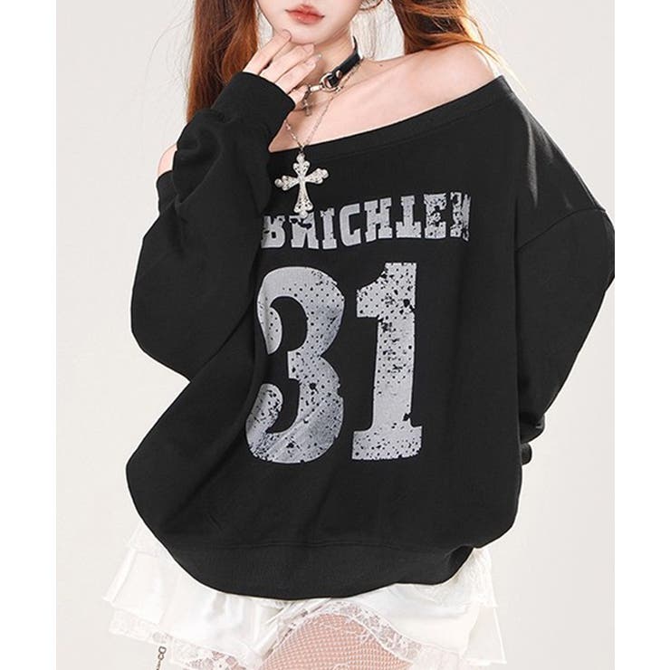 ブラック | ナンバーロゴプリントオフショルスウェット ワンショル トレーナー | Riff