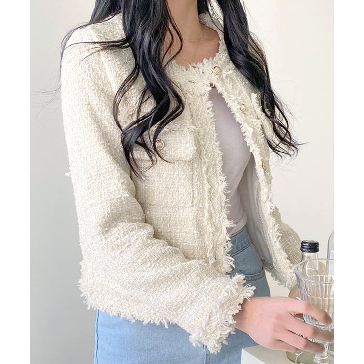 アイボリー | ツイードノーカラージャケット ツイードジャケット フリンジ | Riff