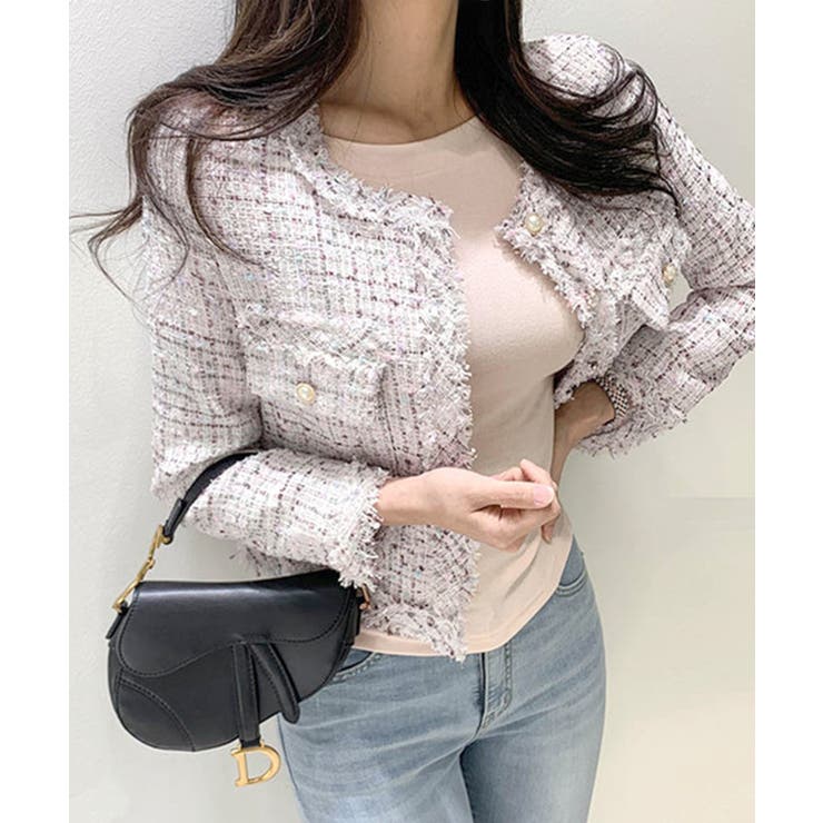 ピンク | ツイードノーカラージャケット ツイードジャケット フリンジ | Riff