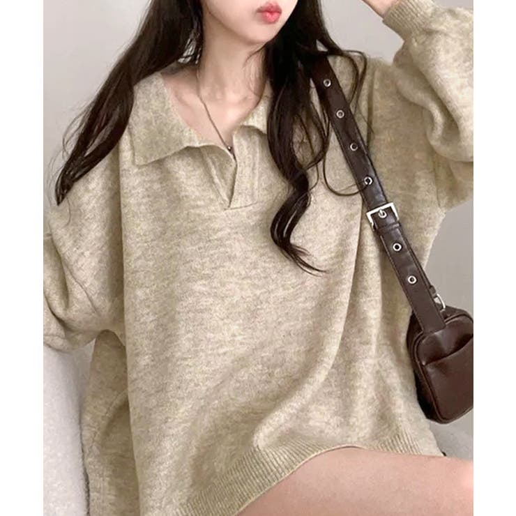 ベージュ | ポロ襟風ニットプルオーバー セーター オーバーサイズ | Riff