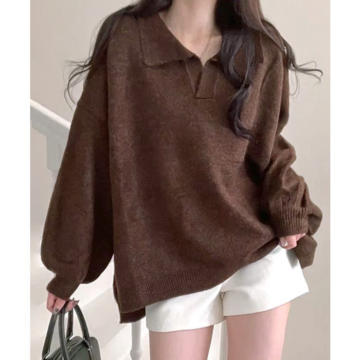 ブラウン | ポロ襟風ニットプルオーバー セーター オーバーサイズ | Riff