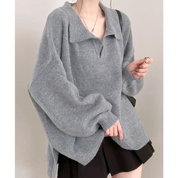 グレー | ポロ襟風ニットプルオーバー セーター オーバーサイズ | Riff