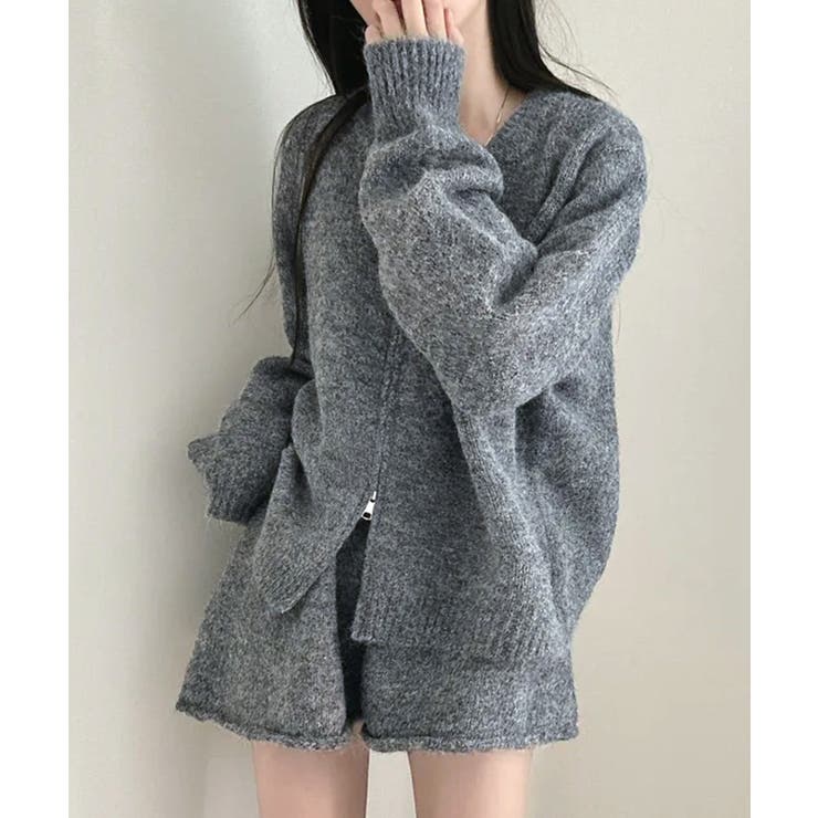 グレー | ダブルジップニット&ミニニットスカート セットアップ カーディガン | Riff