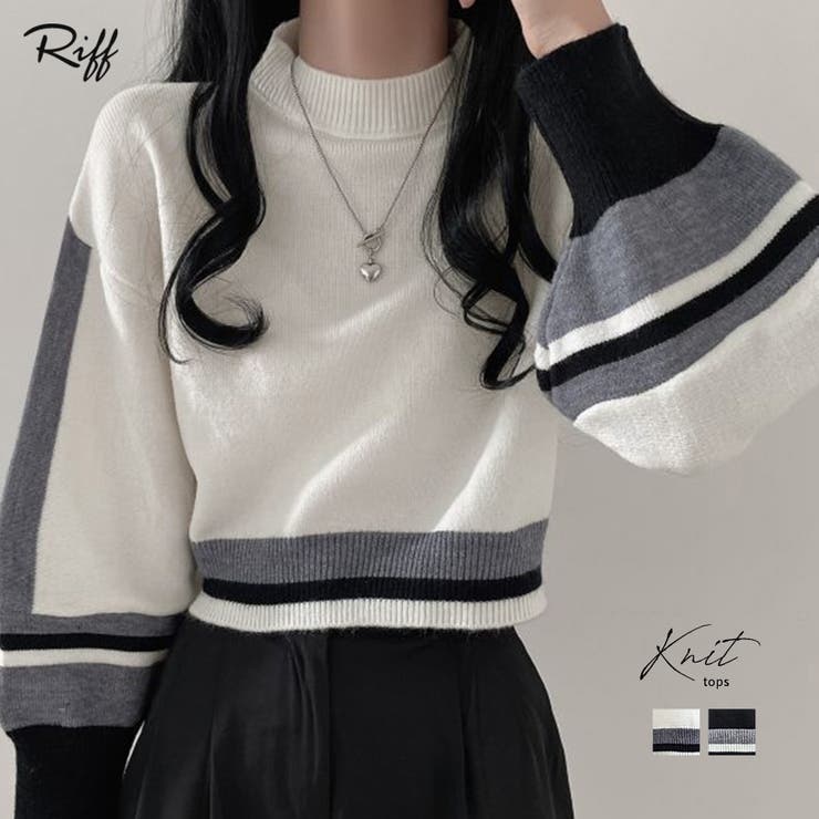 配色クルーネックニット ショート丈 バルーン袖 | Riff | 詳細画像1 
