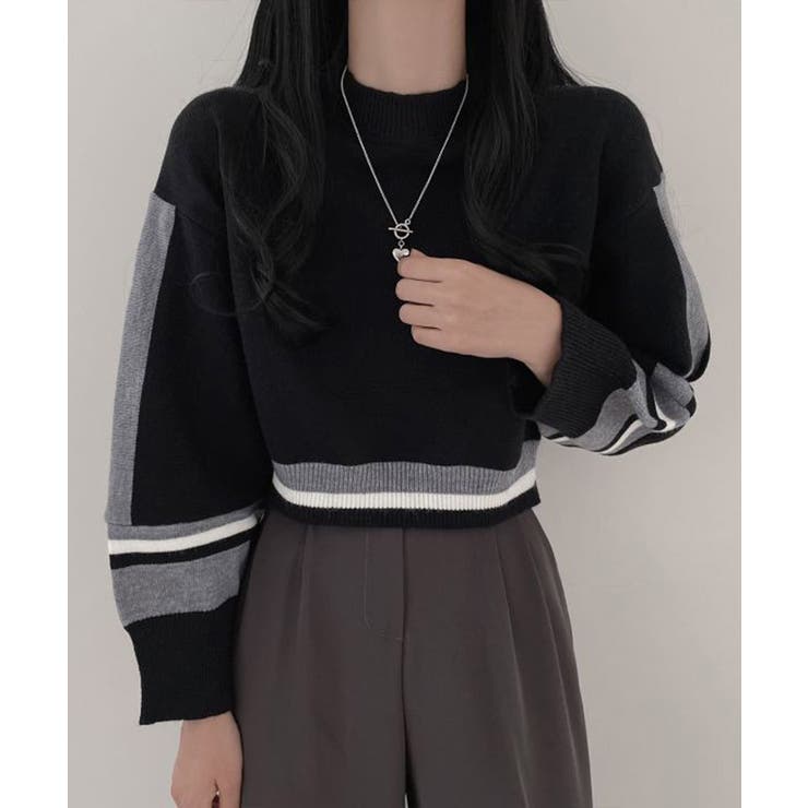 配色クルーネックニット ショート丈 バルーン袖 | Riff | 詳細画像2 