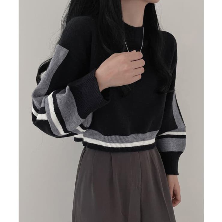 配色クルーネックニット ショート丈 バルーン袖 | Riff | 詳細画像4 