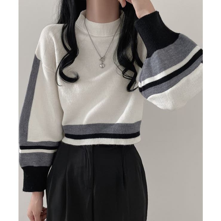 配色クルーネックニット ショート丈 バルーン袖 | Riff | 詳細画像8 