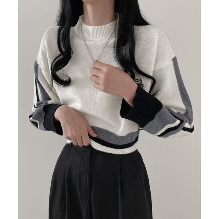 配色クルーネックニット ショート丈 バルーン袖 | Riff | 詳細画像9 