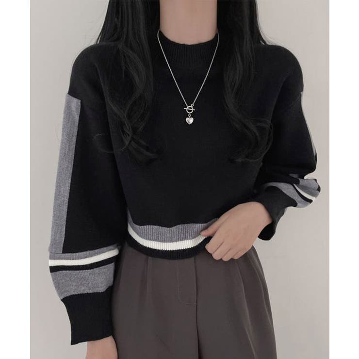 ブラック | 配色クルーネックニット ショート丈 バルーン袖 | Riff