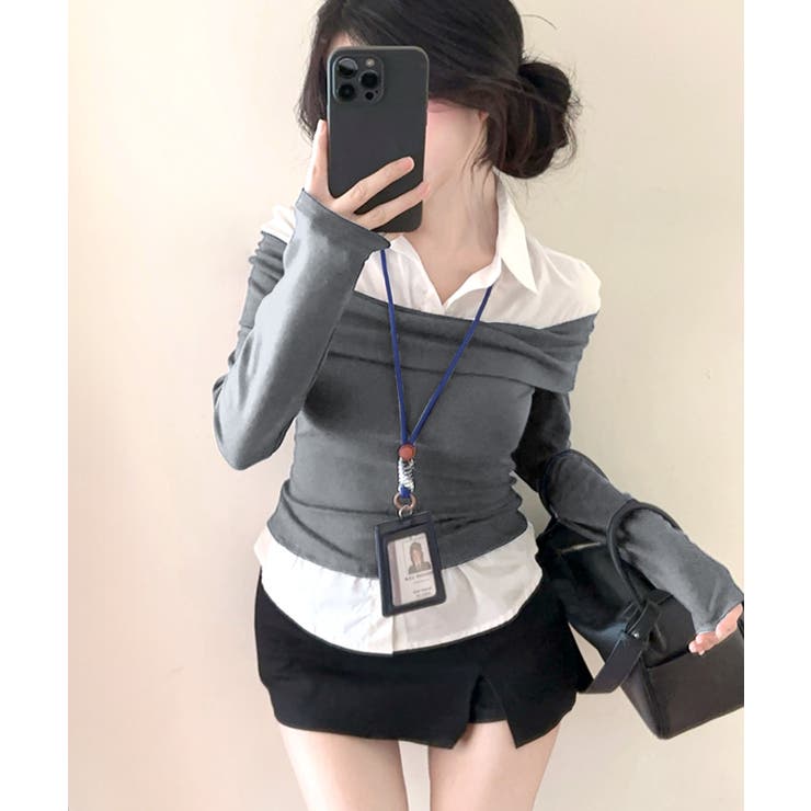 オフショルトップスレイヤード風シャツ フェイクレイヤード ドッキング | Riff | 詳細画像23 