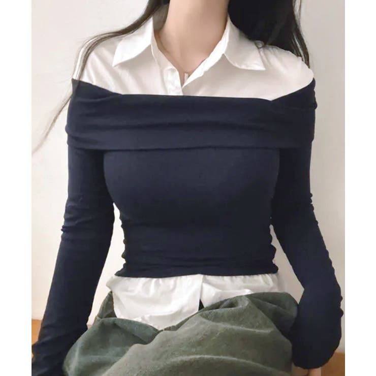 オフショルトップスレイヤード風シャツ フェイクレイヤード ドッキング | Riff | 詳細画像2 