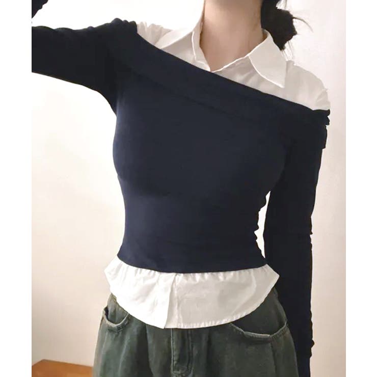 オフショルトップスレイヤード風シャツ フェイクレイヤード ドッキング | Riff | 詳細画像4 