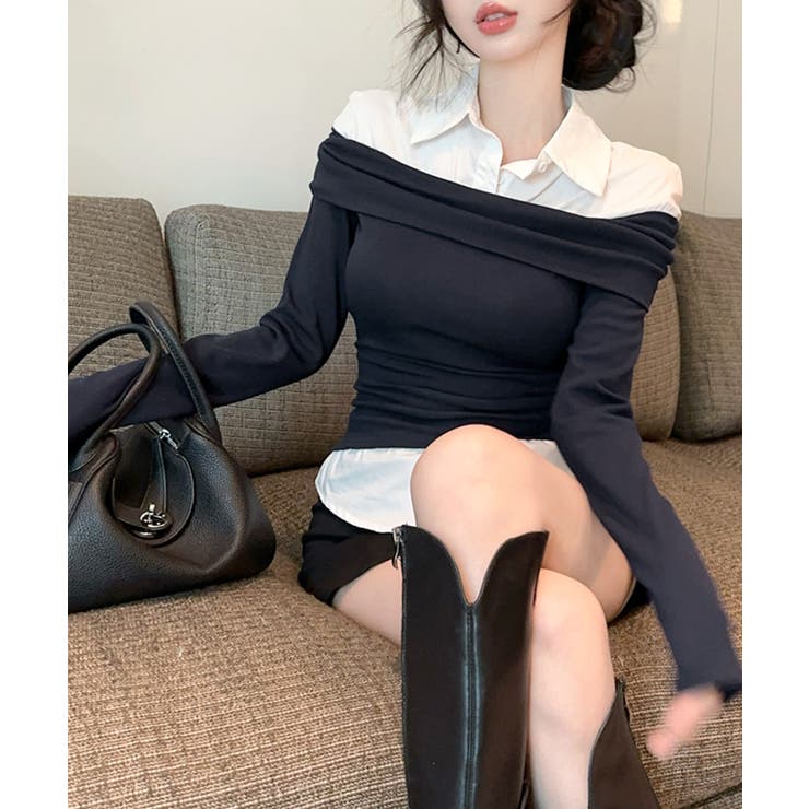 オフショルトップスレイヤード風シャツ フェイクレイヤード ドッキング | Riff | 詳細画像6 