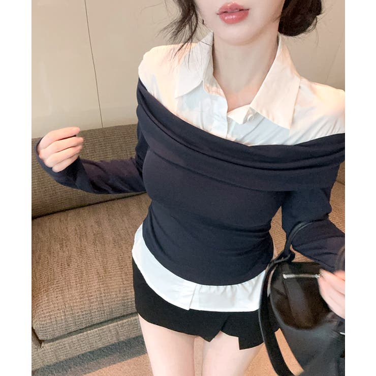 オフショルトップスレイヤード風シャツ フェイクレイヤード ドッキング | Riff | 詳細画像8 