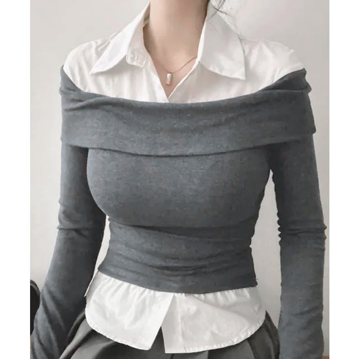 オフショルトップスレイヤード風シャツ フェイクレイヤード ドッキング | Riff | 詳細画像13 