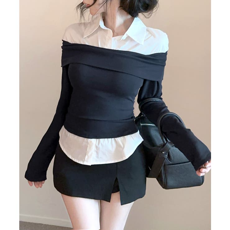 オフショルトップスレイヤード風シャツ フェイクレイヤード ドッキング | Riff | 詳細画像12 