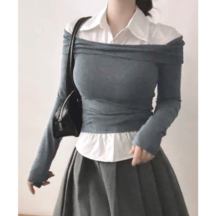 オフショルトップスレイヤード風シャツ フェイクレイヤード ドッキング | Riff | 詳細画像16 