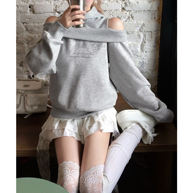 オープンショルダーフードスウェット 肩開き レイヤード | Riff | 詳細画像5 