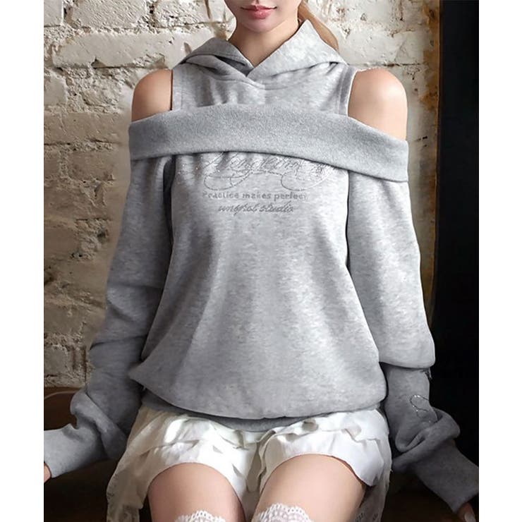 グレー | オープンショルダーフードスウェット 肩開き レイヤード | Riff