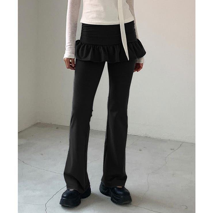 ブラック | レイヤードスカートパンツ 重ね着風 ロングパンツ | Riff